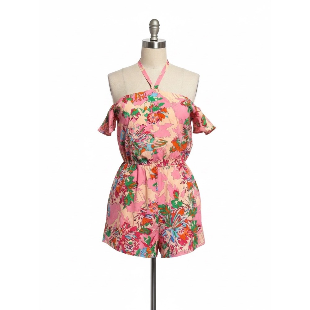 GB Floral Halter Cold Shoulder Romper Pink Green XL